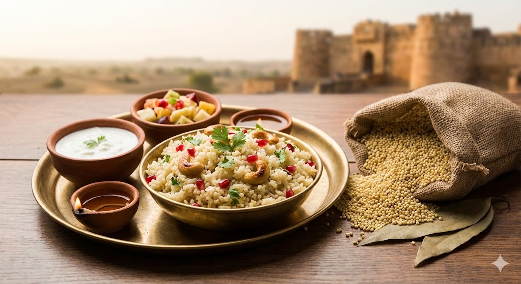 Healthy millet-based vegetarian meal served on a traditional brass platter with yogurt, salad, and chutney.