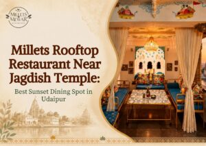 Millets Rooftop Restaurant Near Jagdish Temple in Udaipur with traditional Rajasthani seating